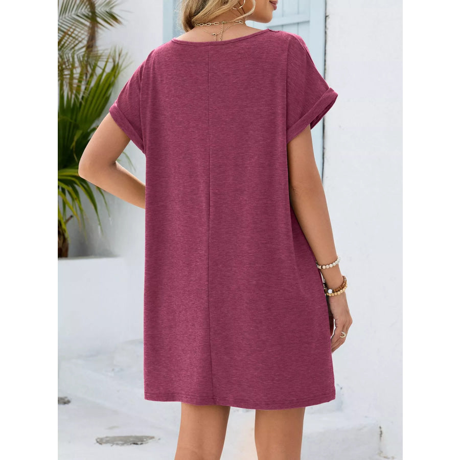 Lace Trim Notched Short Sleeve Dress Apparel and Accessories