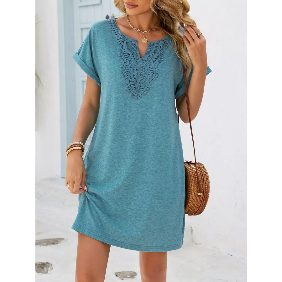 Lace Trim Notched Short Sleeve Dress Apparel and Accessories