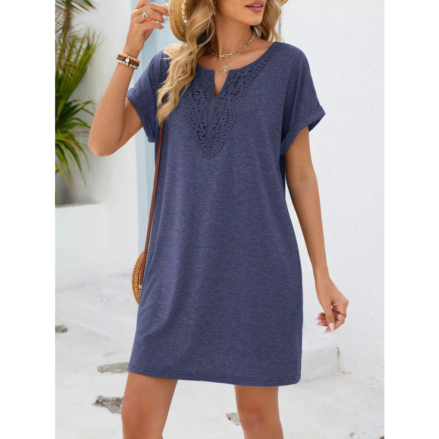 Lace Trim Notched Short Sleeve Dress Apparel and Accessories