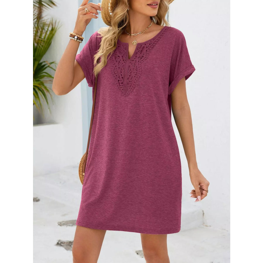 Lace Trim Notched Short Sleeve Dress Apparel and Accessories
