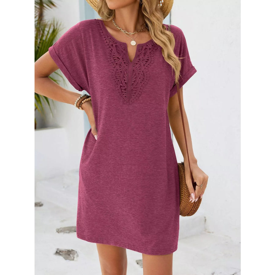 Lace Trim Notched Short Sleeve Dress Apparel and Accessories