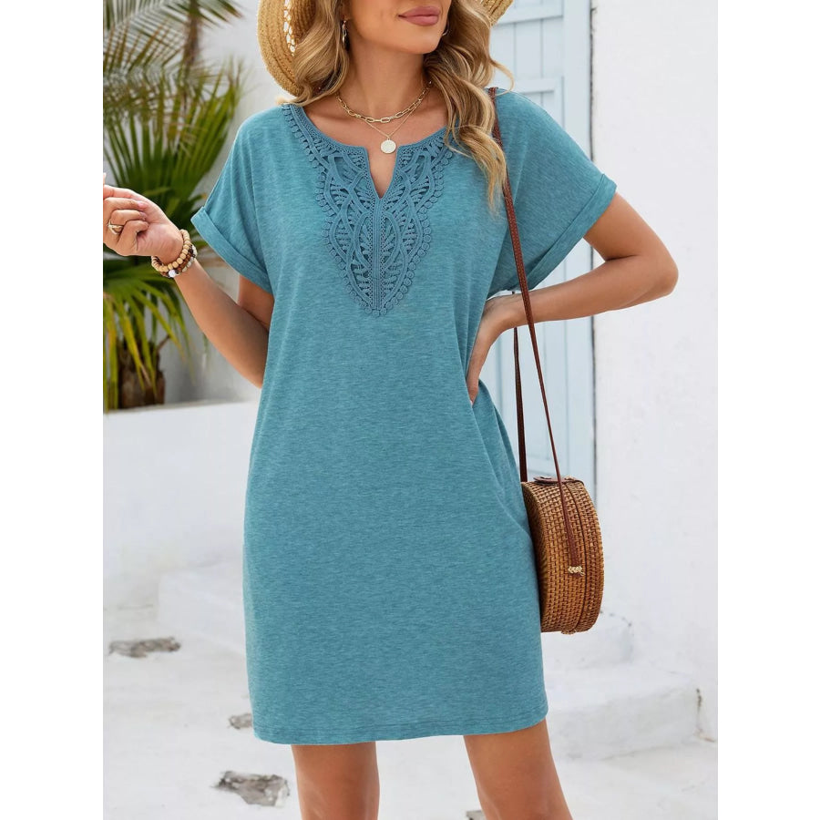 Lace Trim Notched Short Sleeve Dress Apparel and Accessories