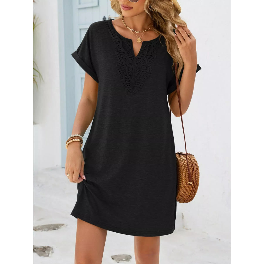 Lace Trim Notched Short Sleeve Dress Apparel and Accessories