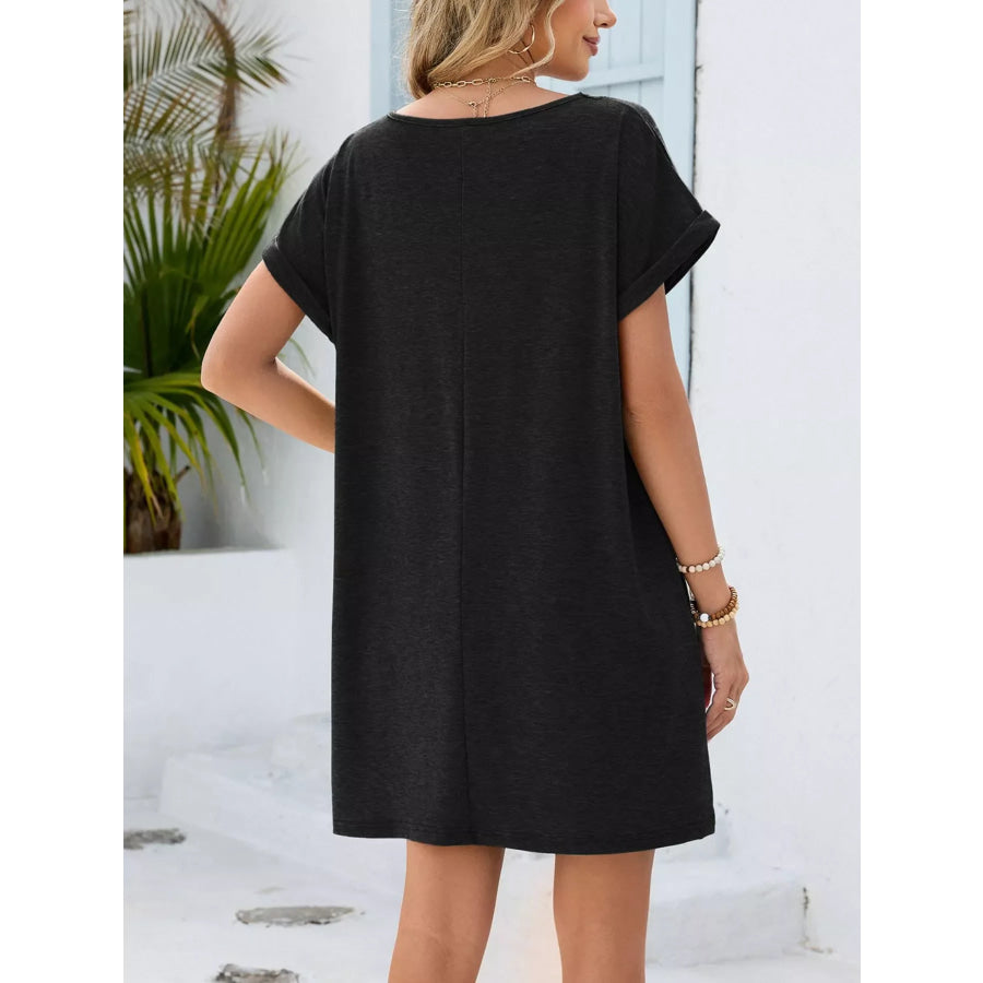 Lace Trim Notched Short Sleeve Dress Apparel and Accessories