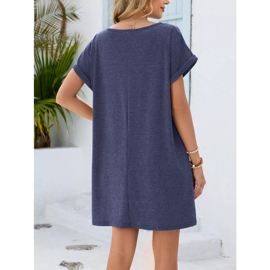 Lace Trim Notched Short Sleeve Dress Apparel and Accessories