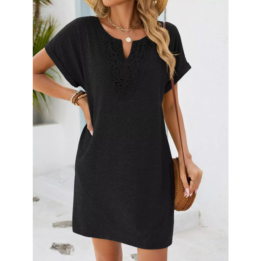 Lace Trim Notched Short Sleeve Dress Apparel and Accessories