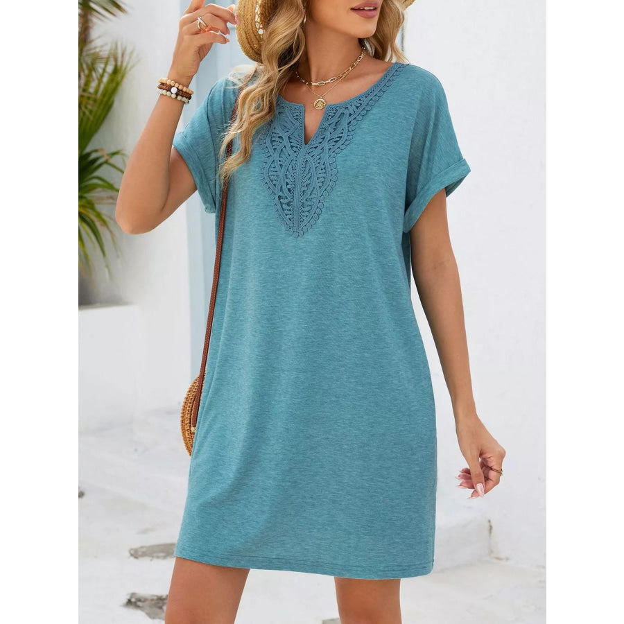 Lace Trim Notched Short Sleeve Dress Apparel and Accessories