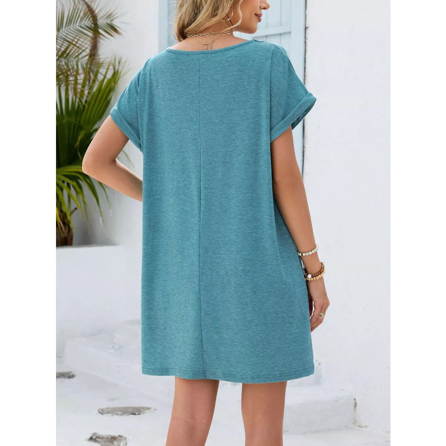 Lace Trim Notched Short Sleeve Dress Apparel and Accessories