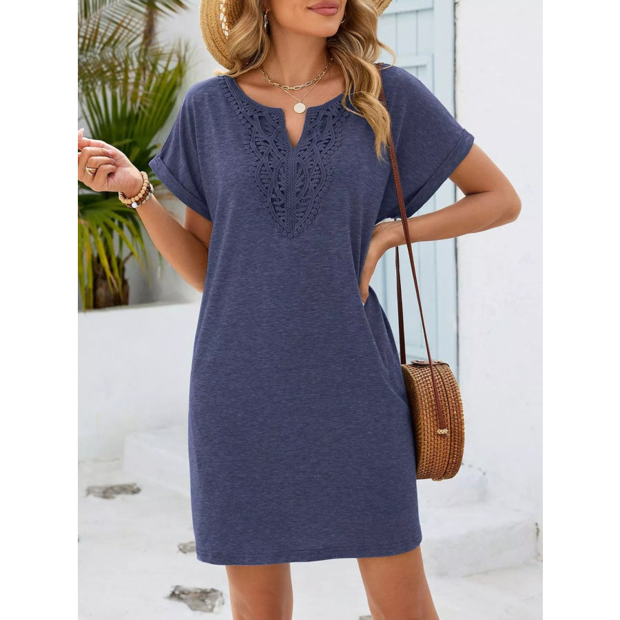 Lace Trim Notched Short Sleeve Dress Apparel and Accessories