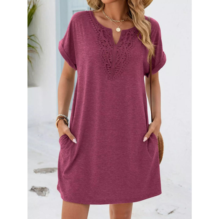 Lace Trim Notched Short Sleeve Dress Apparel and Accessories