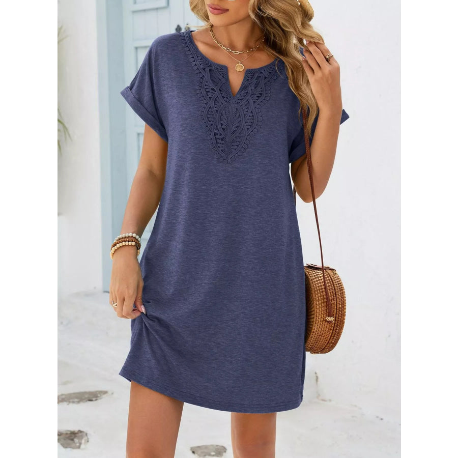 Lace Trim Notched Short Sleeve Dress Apparel and Accessories