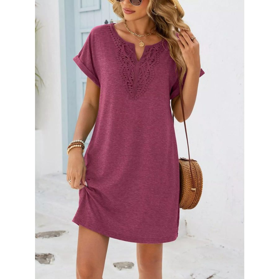 Lace Trim Notched Short Sleeve Dress Apparel and Accessories