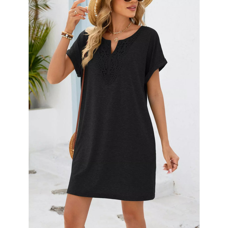 Lace Trim Notched Short Sleeve Dress Apparel and Accessories
