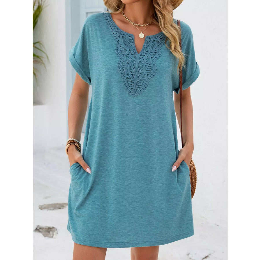 Lace Trim Notched Short Sleeve Dress Apparel and Accessories