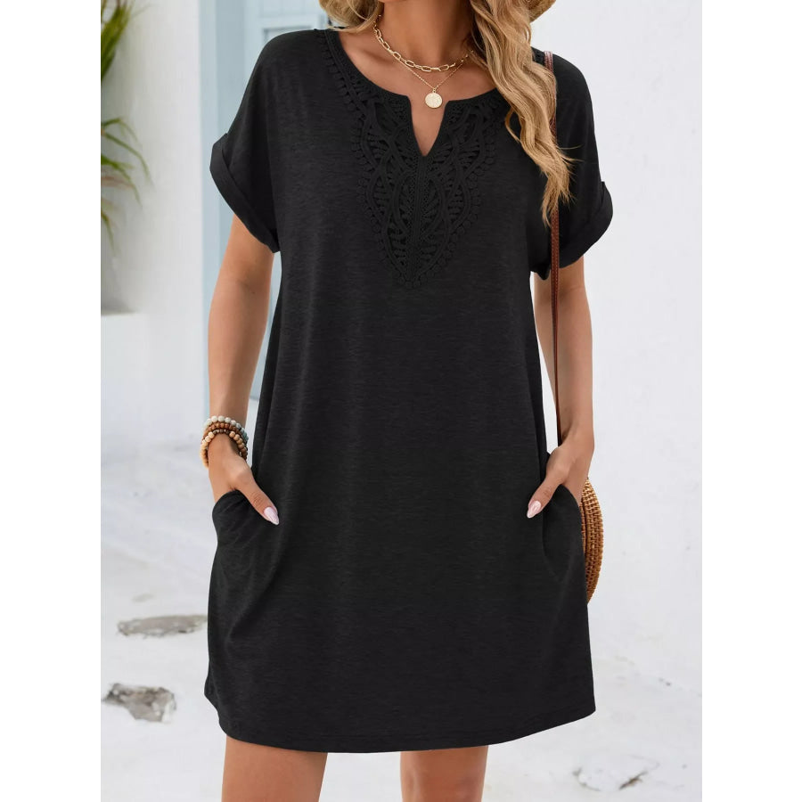 Lace Trim Notched Short Sleeve Dress Black / S Apparel and Accessories