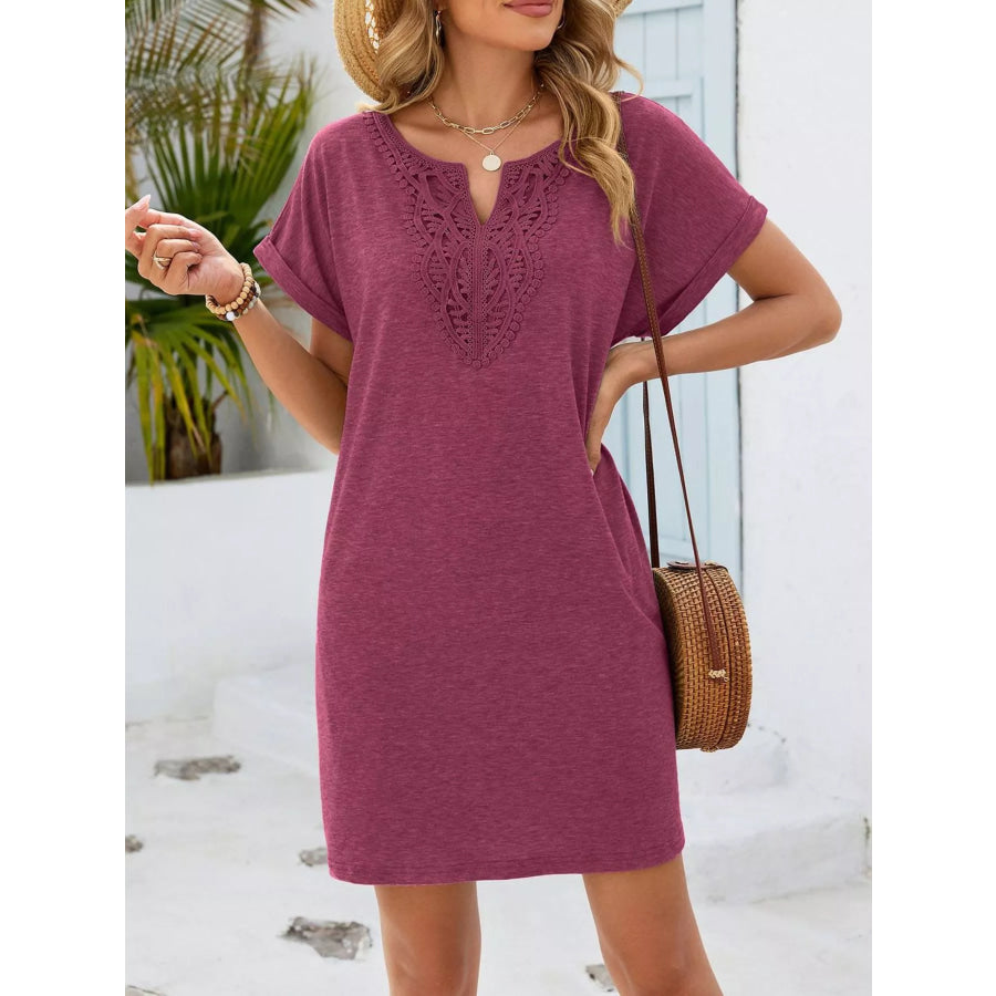 Lace Trim Notched Short Sleeve Dress Deep Purple / S Apparel and Accessories