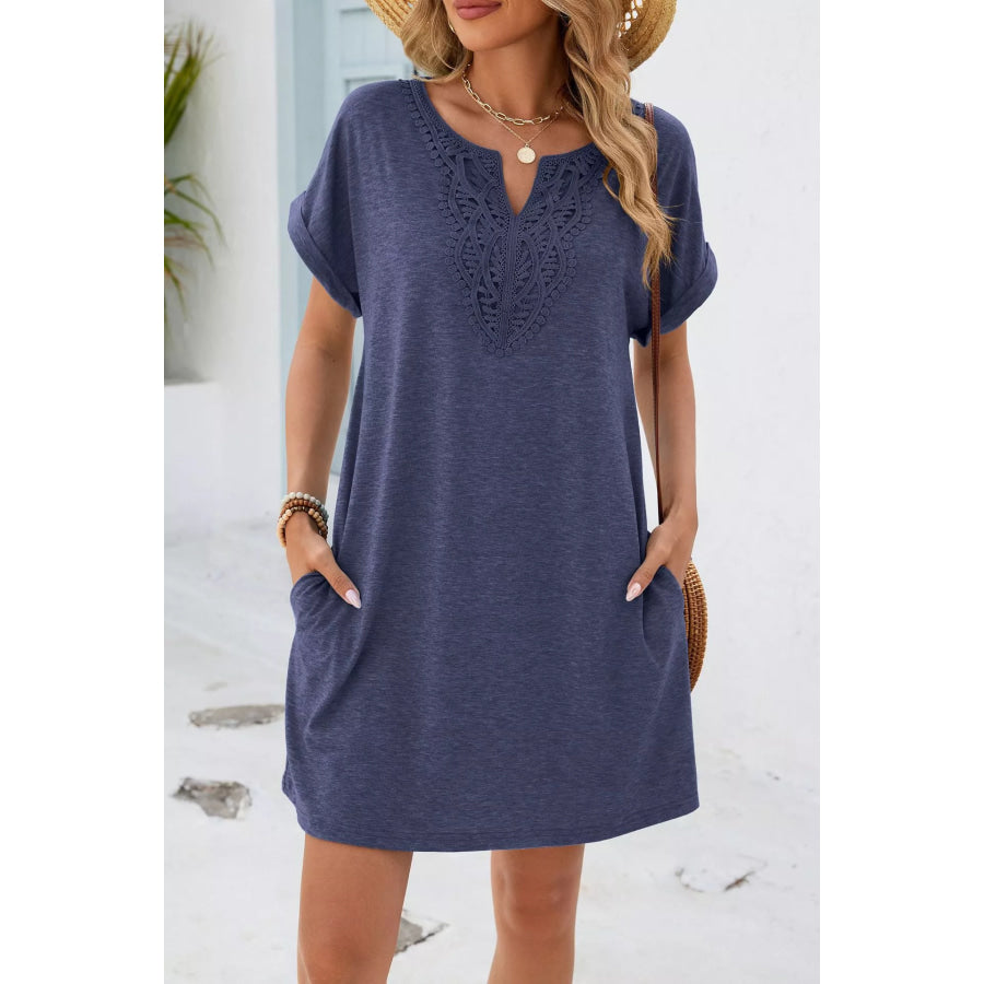 Lace Trim Notched Short Sleeve Dress Dusty Blue / S Apparel and Accessories
