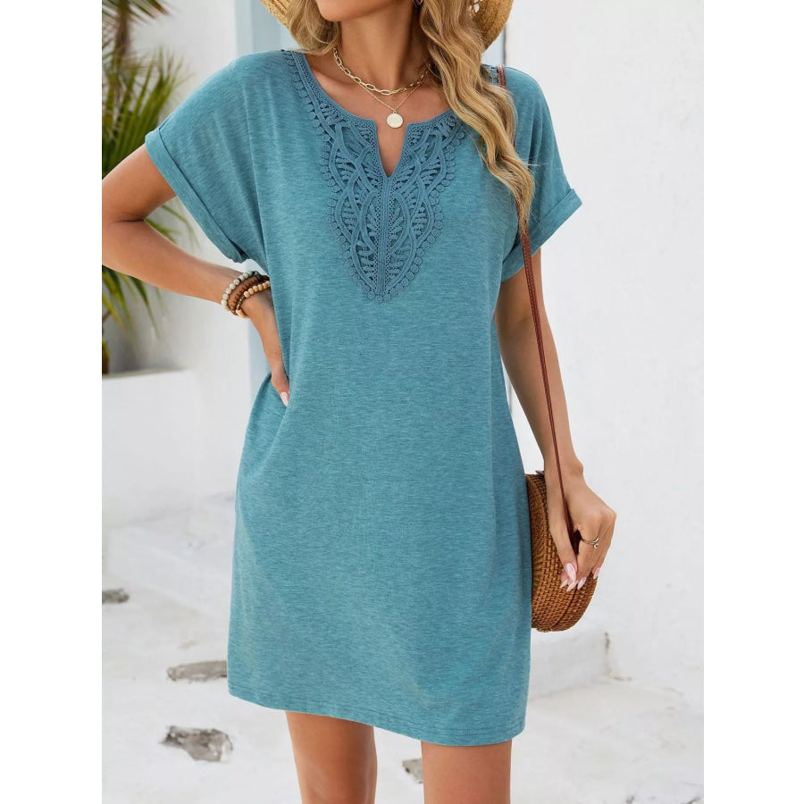 Lace Trim Notched Short Sleeve Dress Turquoise / S Apparel and Accessories