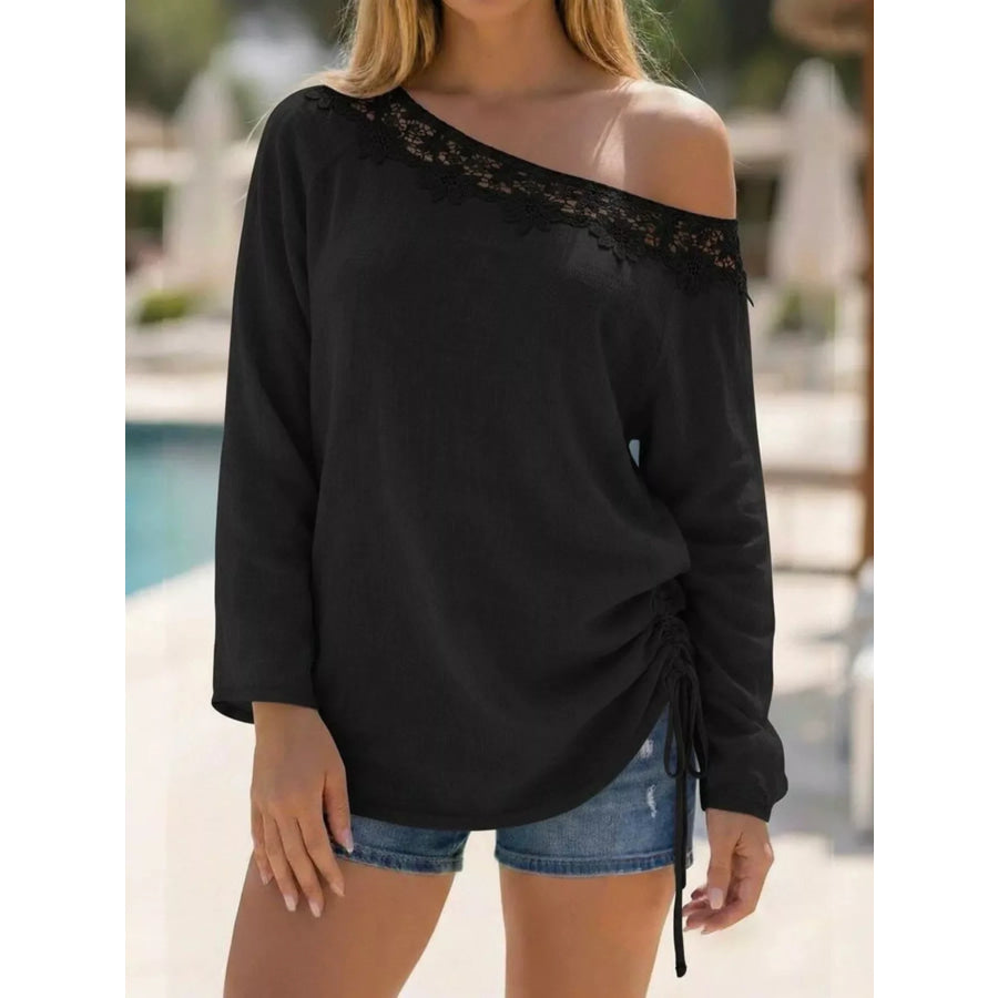Lace Trim One Shoulder Ruched Top Black / S Apparel and Accessories