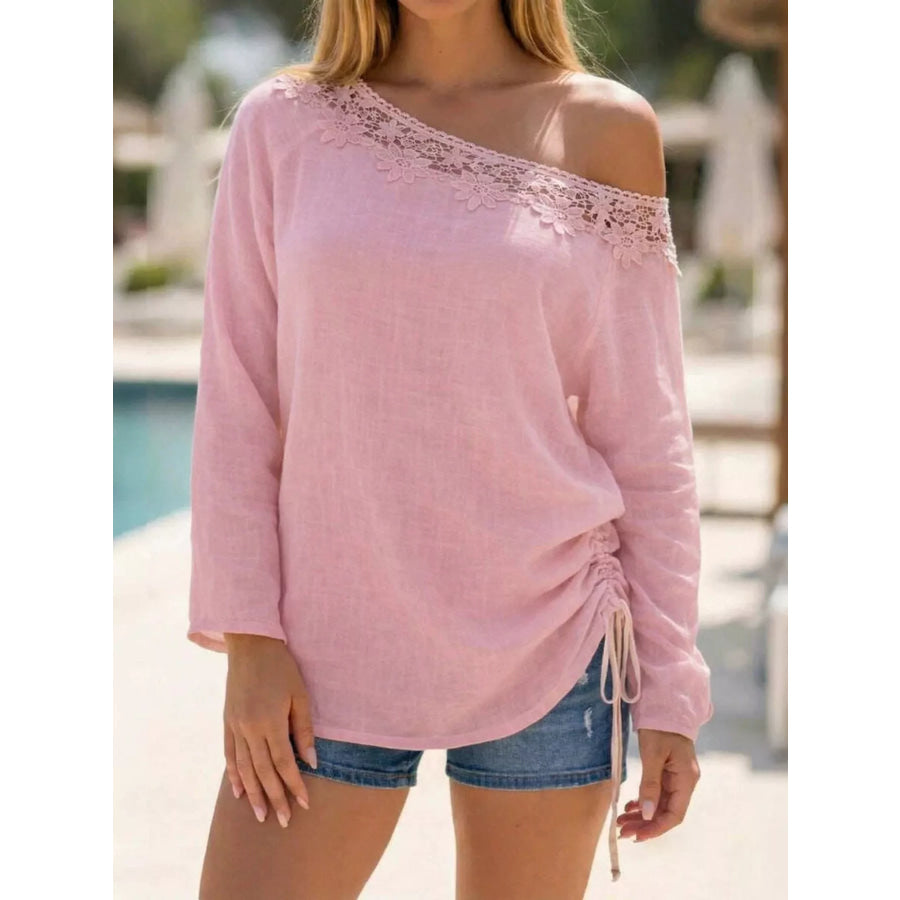 Lace Trim One Shoulder Ruched Top Dusty Pink / S Apparel and Accessories