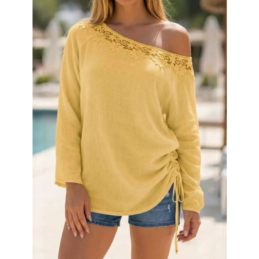 Lace Trim One Shoulder Ruched Top Gold / S Apparel and Accessories