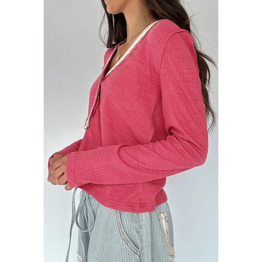 Lace Trim Ribbed Knit Henley Blouse Apparel and Accessories
