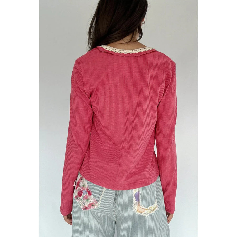 Lace Trim Ribbed Knit Henley Blouse Apparel and Accessories