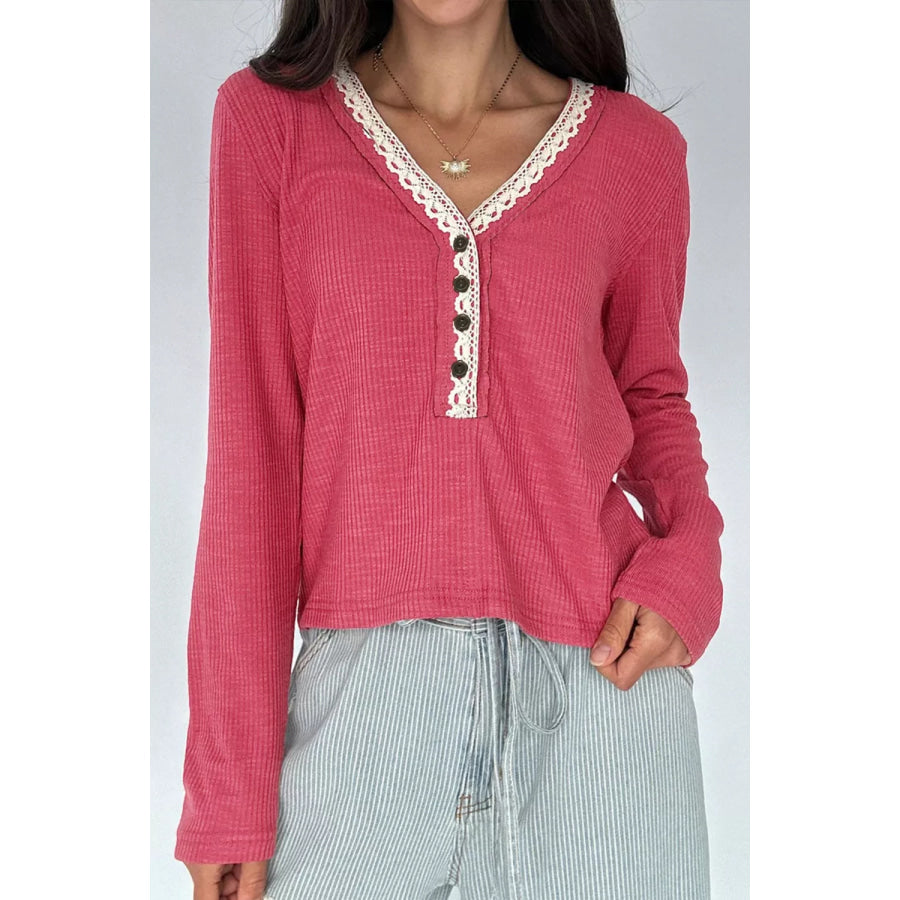 Lace Trim Ribbed Knit Henley Blouse Deep Rose / S Apparel and Accessories