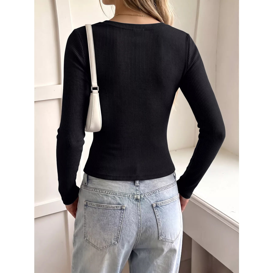 Lace Trim Ribbed Knit Long Sleeve T-Shirt Apparel and Accessories