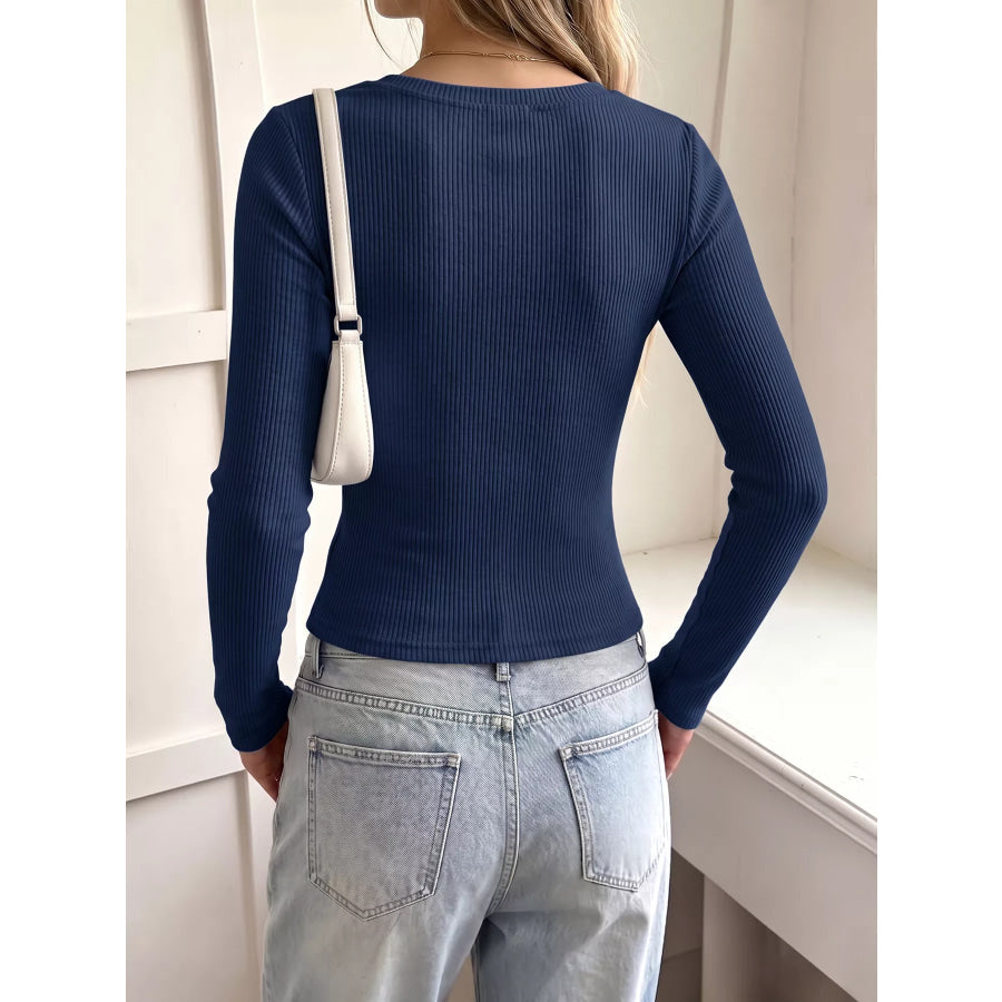 Lace Trim Ribbed Knit Long Sleeve T-Shirt Apparel and Accessories