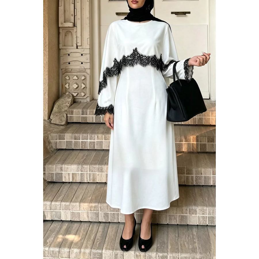 Lace Trim Round Neck Midi Dress Apparel and Accessories
