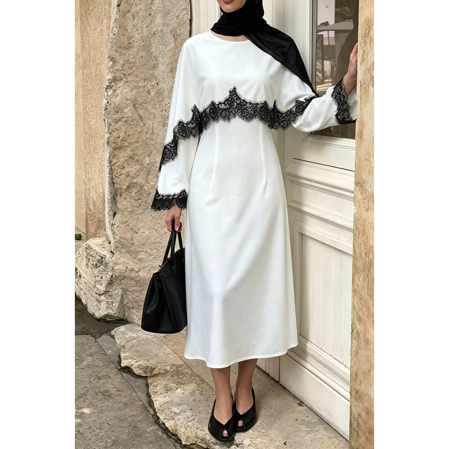 Lace Trim Round Neck Midi Dress Apparel and Accessories