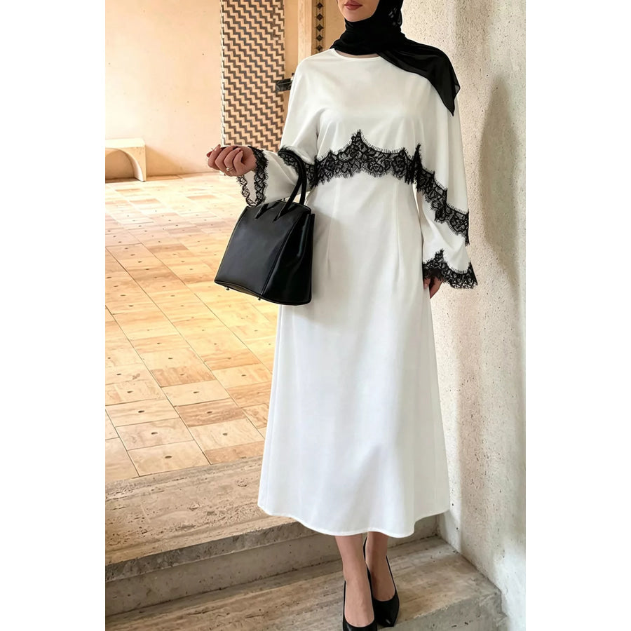 Lace Trim Round Neck Midi Dress Apparel and Accessories