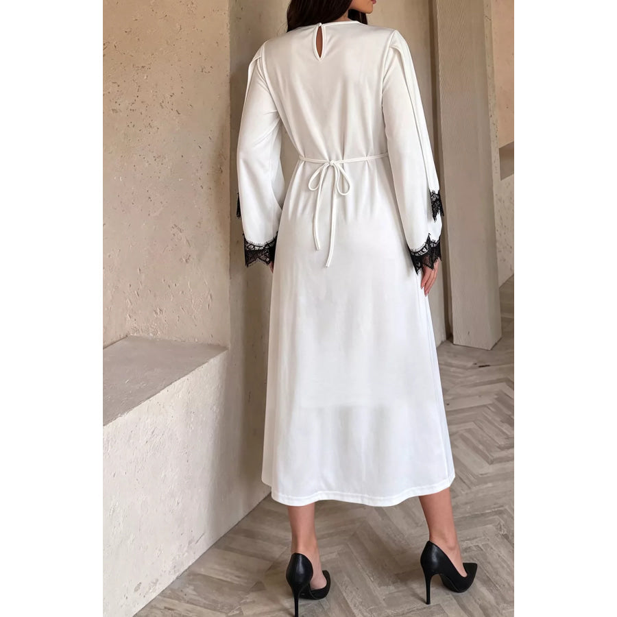 Lace Trim Round Neck Midi Dress Apparel and Accessories