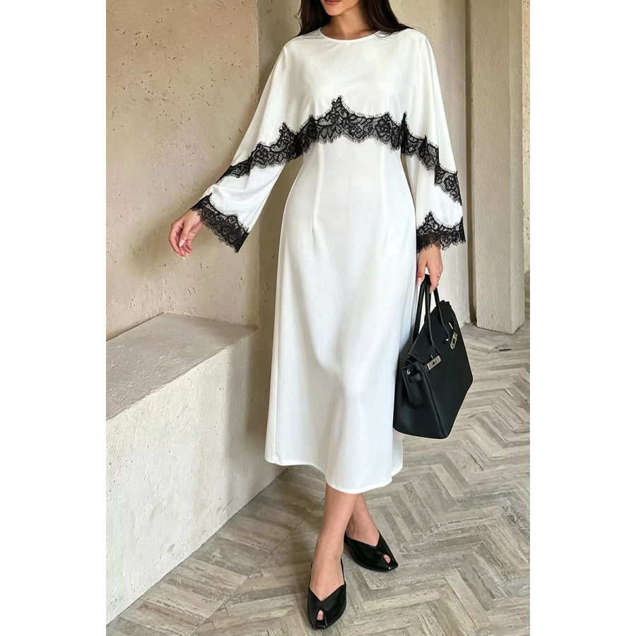 Lace Trim Round Neck Midi Dress White / S Apparel and Accessories