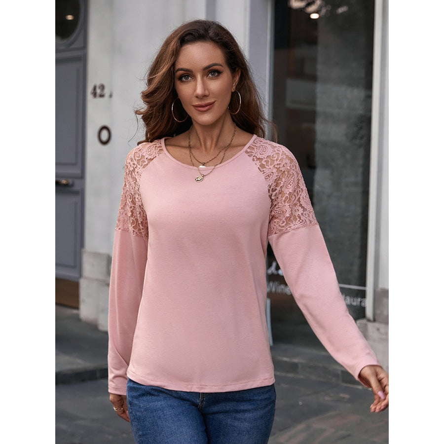 Lace Trim Round Neck Raglan Sleeve Tee