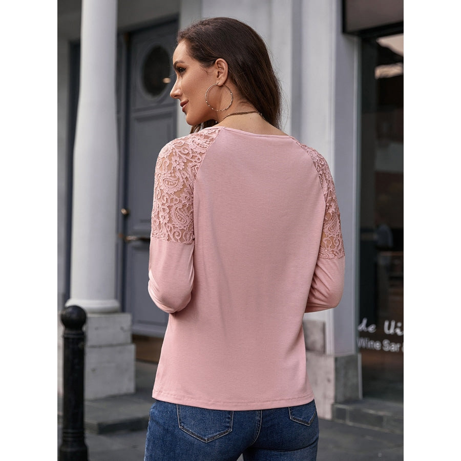 Lace Trim Round Neck Raglan Sleeve Tee Blush Pink / S