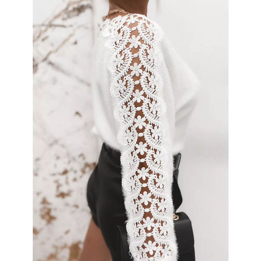 Lace Trim Round Neck Sweater Apparel and Accessories