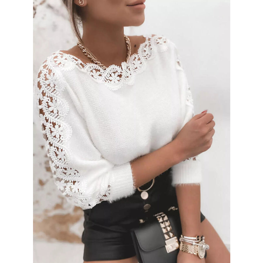 Lace Trim Round Neck Sweater White / S Apparel and Accessories