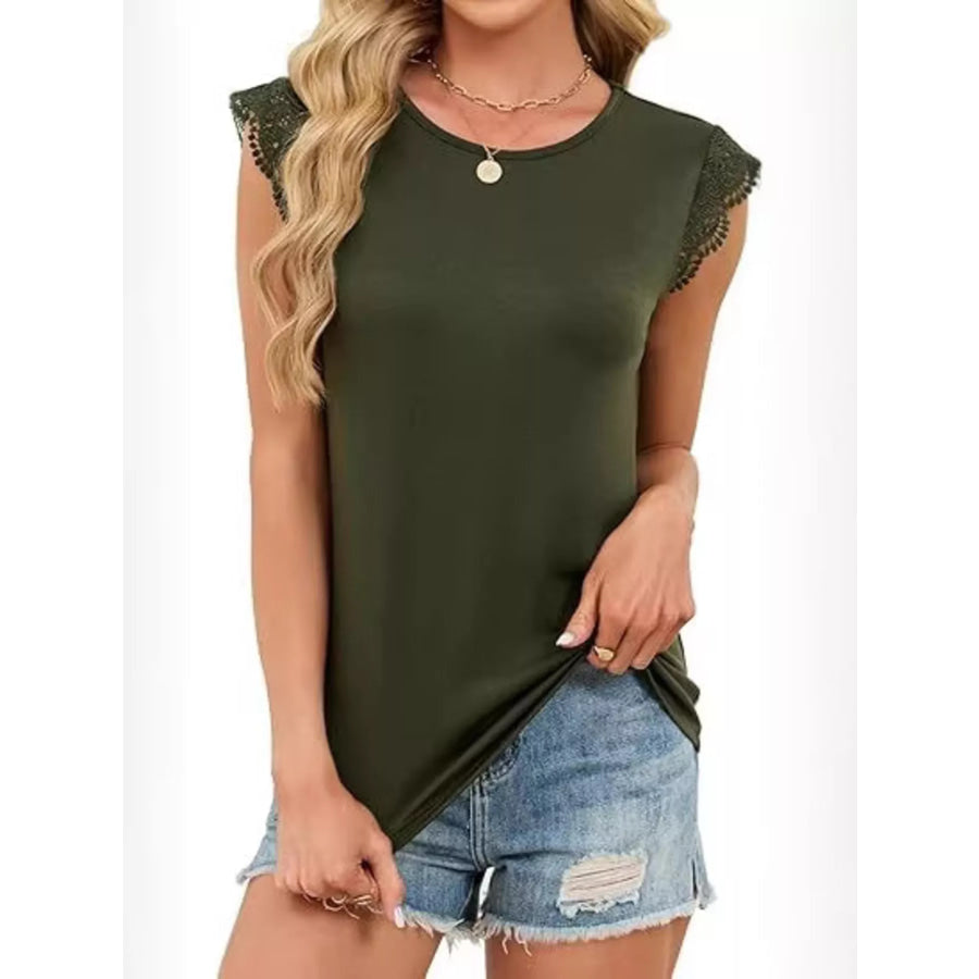 Lace Trim Round Neck Top Apparel and Accessories
