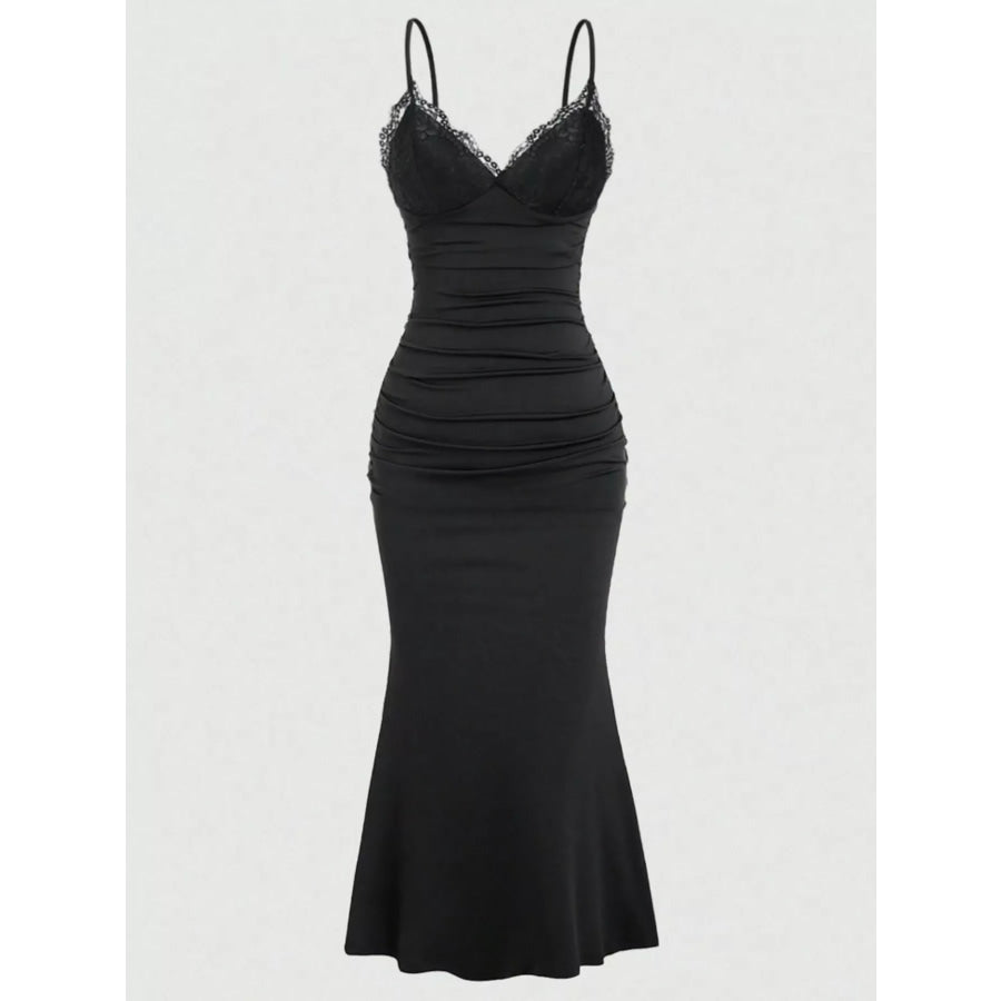 Lace Trim Ruched Mermaid Dress Black / S Apparel and Accessories