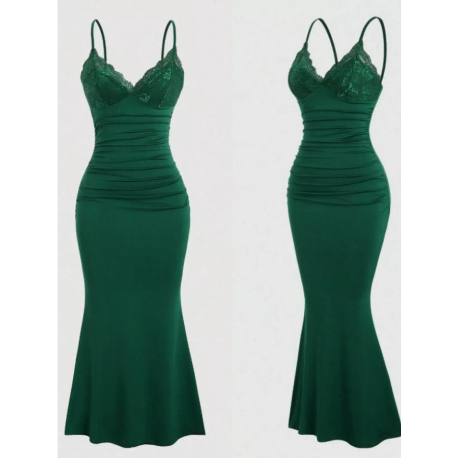 Lace Trim Ruched Mermaid Dress Dark Green / S Apparel and Accessories