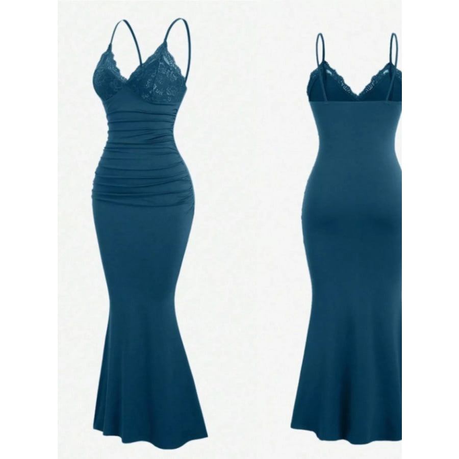 Lace Trim Ruched Mermaid Dress Malachite Green / S Apparel and Accessories