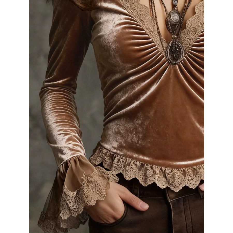Lace Trim Ruched V-Neck Top Apparel and Accessories