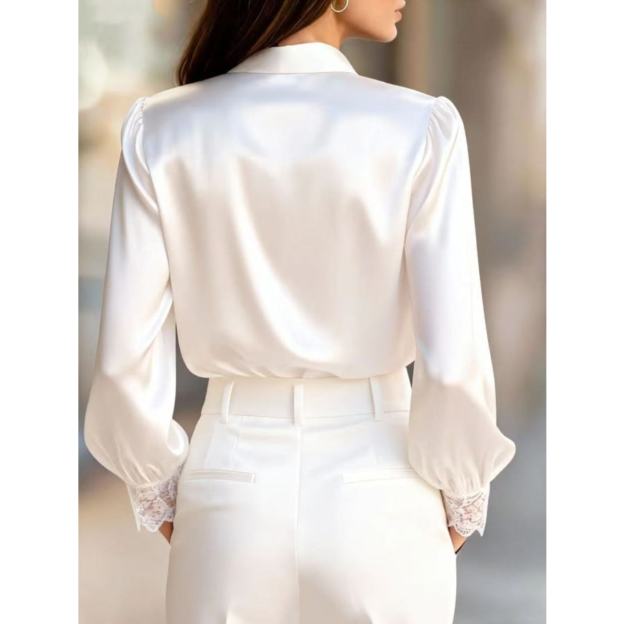 Lace Trim Satin Button Up Shirt Apparel and Accessories