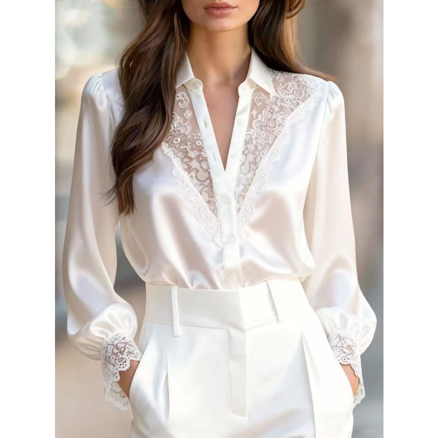 Lace Trim Satin Button Up Shirt White / S Apparel and Accessories