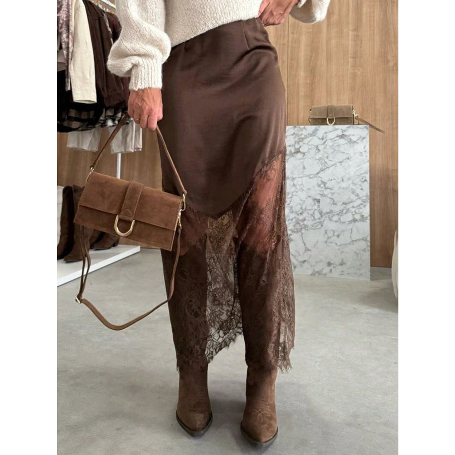 Lace Trim Satin Midi Skirt Apparel and Accessories