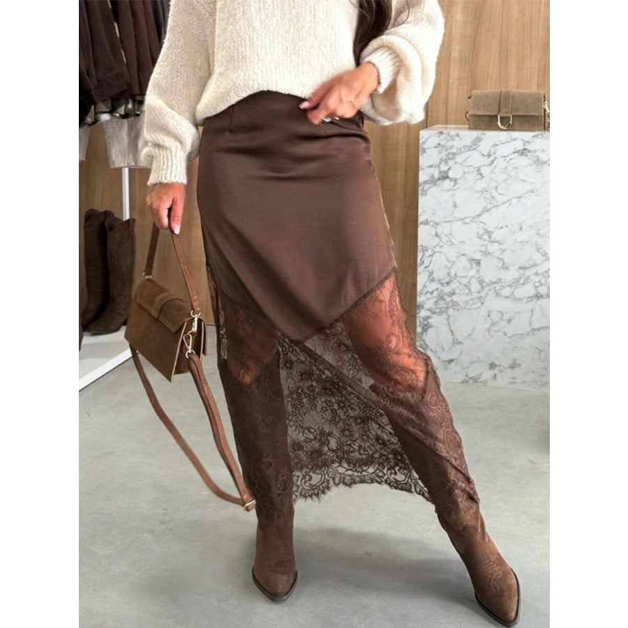 Lace Trim Satin Midi Skirt Brown / XS Apparel and Accessories