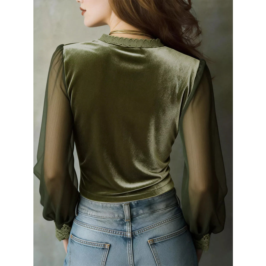 Lace Trim Sheer Long Sleeve Blouse Moss / S Apparel and Accessories
