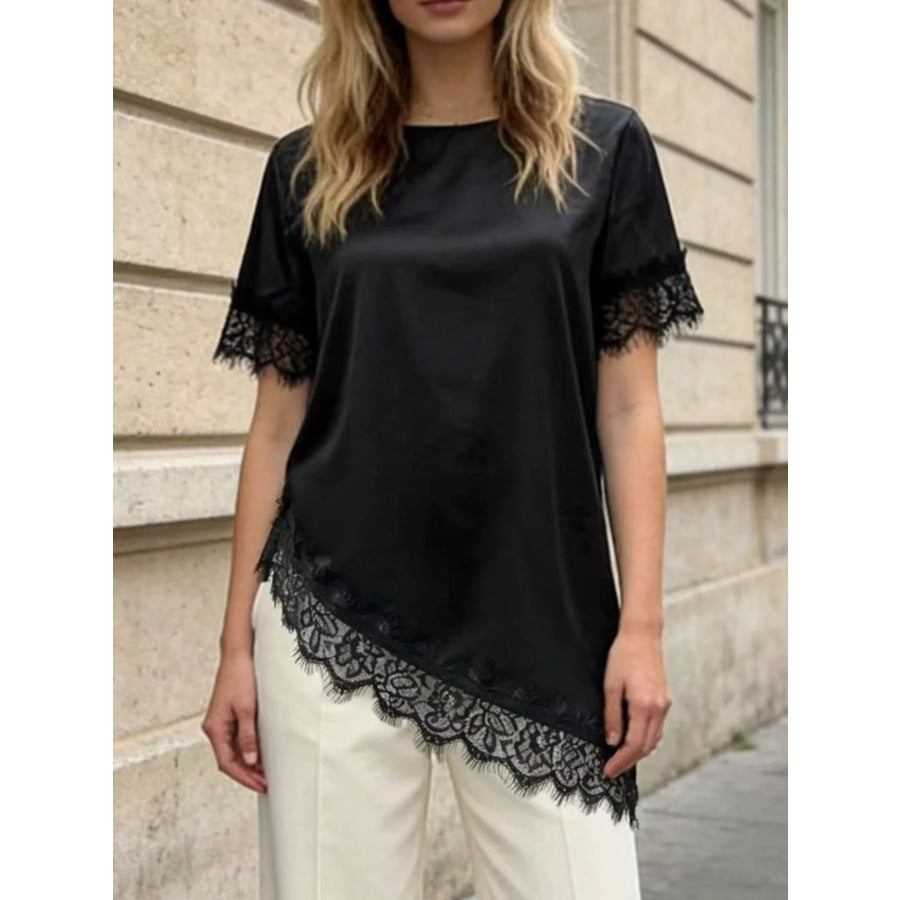 Lace Trim Short Sleeve Satin Top Black / S